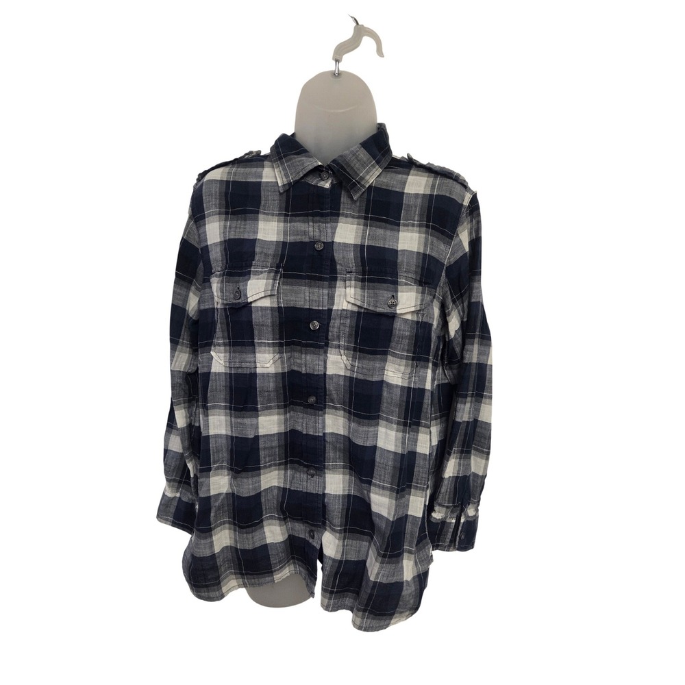 Current/Elliott Navy Blue White Plaid Button Down Shirt Epaulets Size 2 Medium